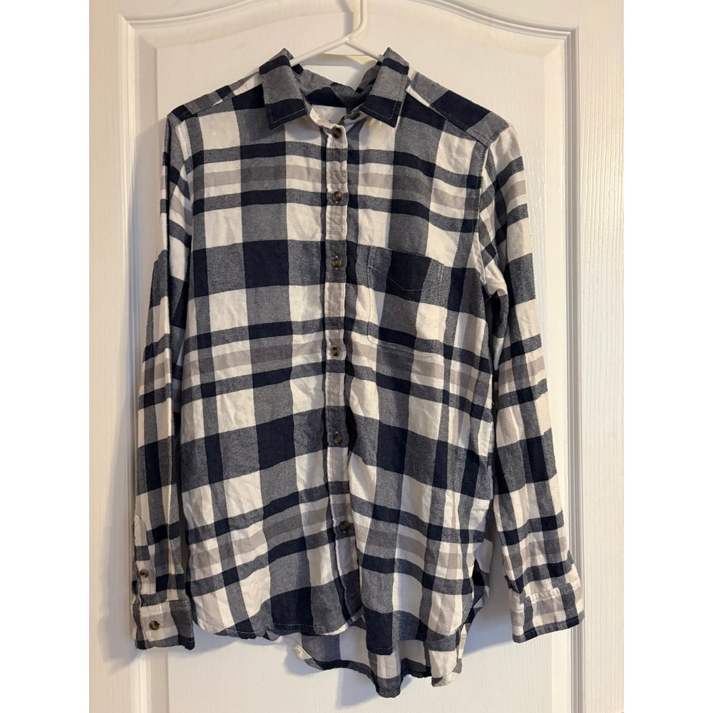 American Eagle Plaid Shirt Womens M Navy White Boyfriend Fit Flannel Gorpcore